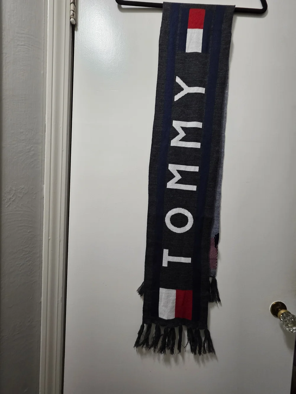 Tommy Hilfiger Blue Logo Scarf with Red & White Blocks